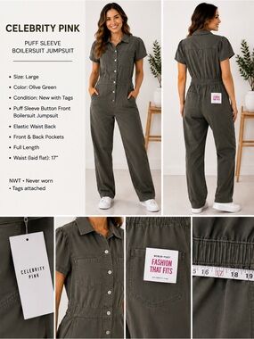Celebrity Pink Olive Utility Puff Sleeve Boilersuit Jumpsuit